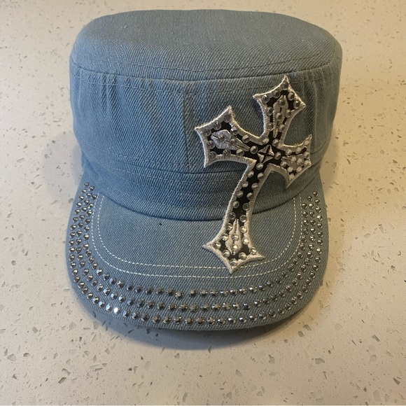 High Quality Headwear Accessories - Cross Bling Denim Conductor Engineer Cap Hat Light Wash Denim Black NWT